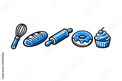 Minimalist blue and black line art illustration of baking essentials