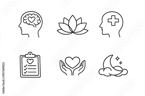 A collection of six minimalist black line icons representing mental