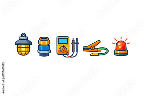 A collection of five industrial and electrical icons including a work