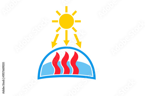 A flat vector illustration depicting the greenhouse effect with a