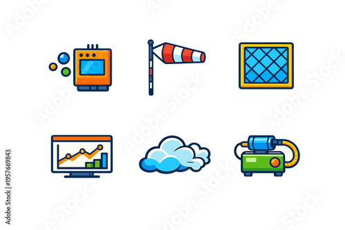 A collection of six colorful vector icons representing air quality