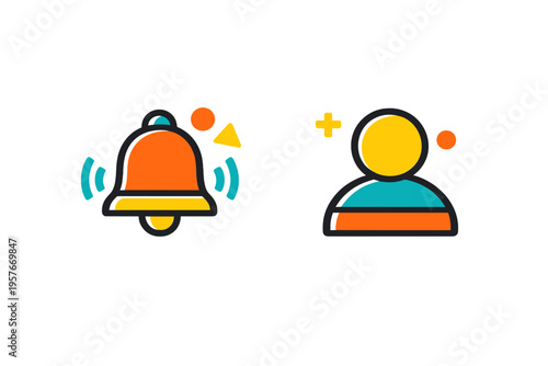 A set of two colorful icons featuring a ringing notification bell and