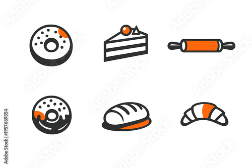 A collection of six minimalist bakery icons featuring donuts, a cake