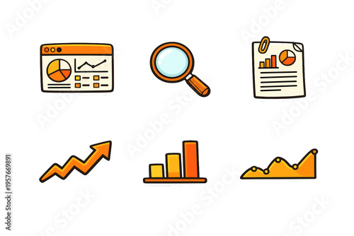 A collection of business data analytics icons in a sticker style
