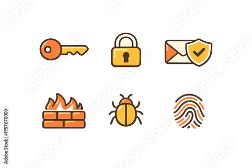 A set of six cybersecurity icons including a key, padlock, secure