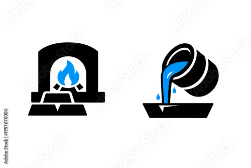 A set of two minimalist icons illustrating the metal smelting and