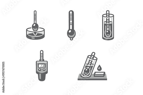 Set of five grayscale flat vector icons illustrating hydrometers and