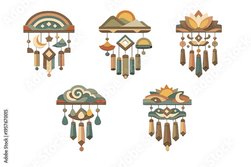 A set of five bohemian wall hangings featuring celestial and nature