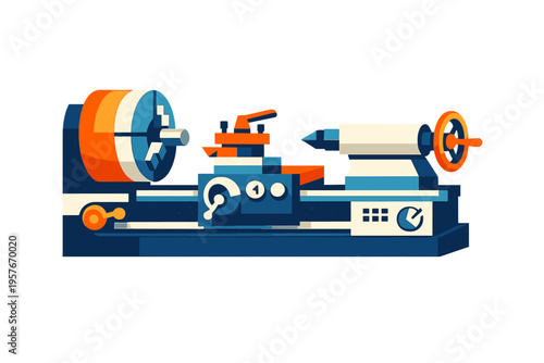A stylized flat illustration of an industrial lathe machine featuring