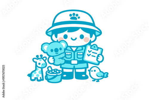 A cute cartoon zookeeper character in a pith hat holding a koala and