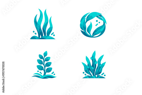 A set of four stylized aquatic plant icons featuring teal and cyan