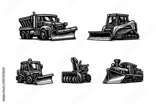 Detailed black and white engraving style illustrations of snow