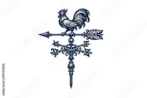 An ornate dark blue weather vane illustration with a rooster perched