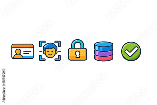 A sequence of five colorful flat icons on a white background