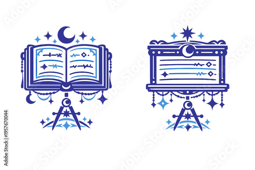 Two mystical blue vector icons on a white background, one featuring