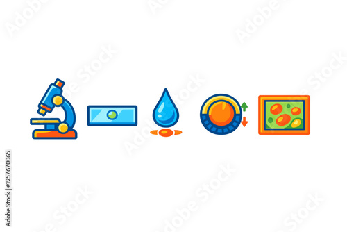 Colorful laboratory icons featuring a microscope, glass slide, water