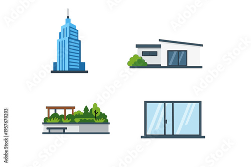 A collection of four flat vector illustrations featuring a blue