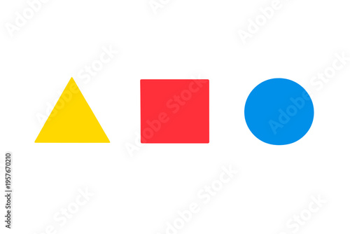 A yellow triangle, a red square, and a blue circle are arranged in a