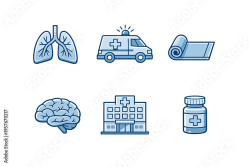 Set of six blue medical icons featuring human lungs, an emergency