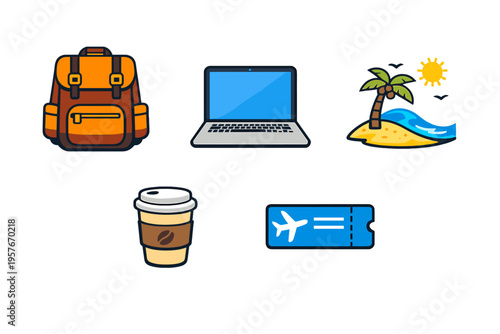 A set of flat vector icons representing travel and remote work