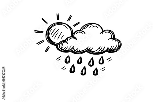 A hand-drawn black and white sketch of a sun and a cloud with