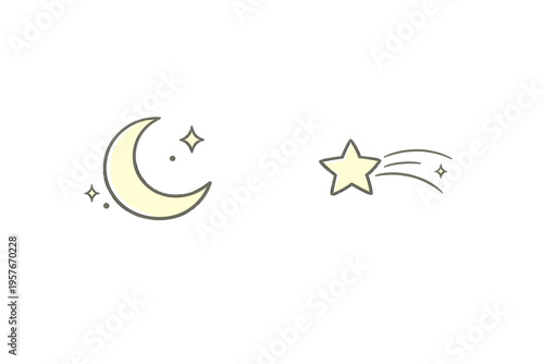Minimalist vector illustration of a yellow crescent moon accompanied