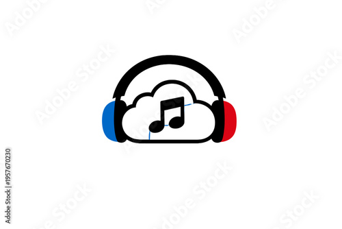 A minimalist graphic icon featuring black headphones with blue and
