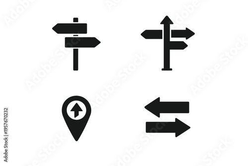 Set of four black flat icons for navigation and directions including