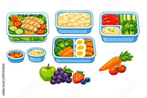 A digital illustration of several blue meal prep containers filled