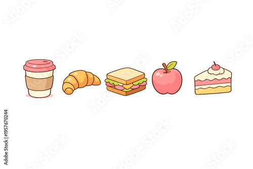Five cute cartoon food icons including a coffee cup, golden