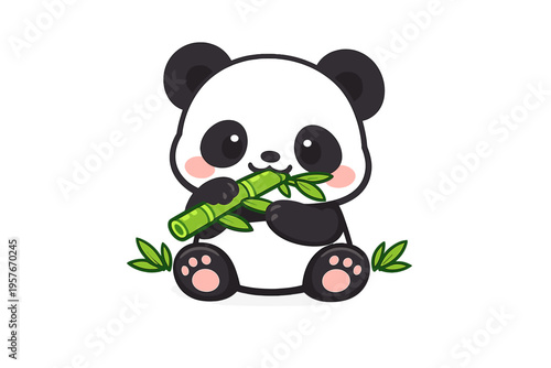 A cute cartoon panda sits on a white background while holding and