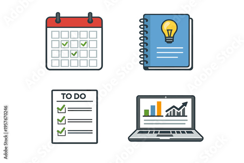 A set of four productivity icons featuring a calendar with