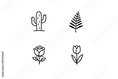 A set of four minimalist black line icons representing different