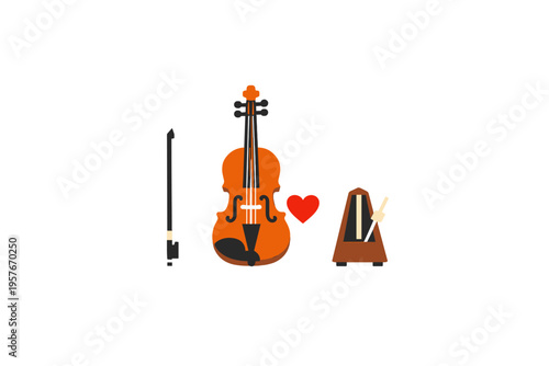 This flat vector illustration shows a brown violin with its bow next