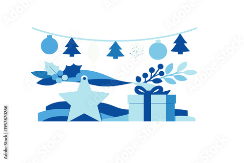 A festive paper-cut style illustration featuring a blue Christmas