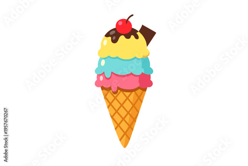 A colorful vector illustration of a three-scoop ice cream cone with