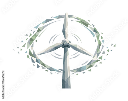 Low-poly vector illustration focused on windmill blade spin reaching stable energy flow, turbine blades rotating smoothly with