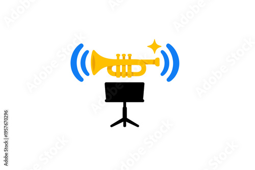 This vector illustration features a golden brass trumpet with blue