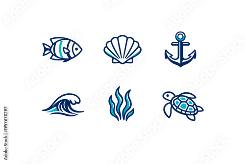 Set of six marine-themed icons including a fish, shell, anchor, wave
