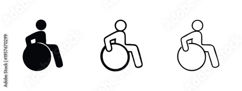 Wheelchair user icon set for accessibility and disability, isolated on white background. Symbol of mobility impairment.