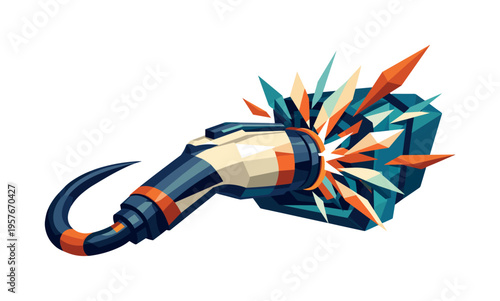 Low-poly vector illustration focused on EV charge plug during active connection, plug firmly inserted into a stylized geometric
