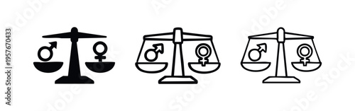 Gender imbalance on a scale, with female symbols outweighing male. Concept of inequality and social justice issues.