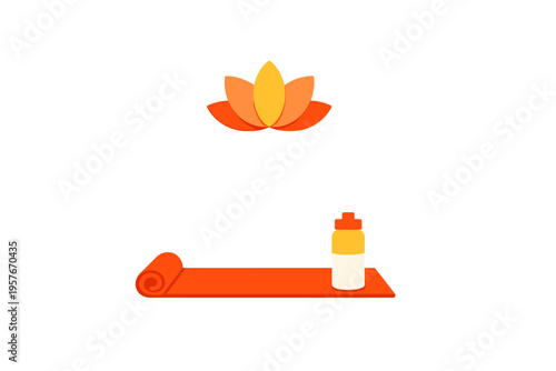 A minimalist 3D illustration of an orange yoga mat and a water bottle