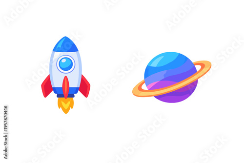 A colorful cartoon illustration of a rocket ship taking off with