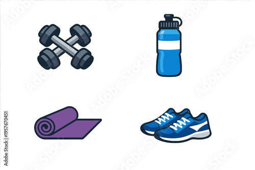 A collection of fitness equipment icons featuring crossed dumbbells