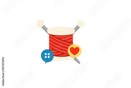 Vector illustration of a spool of red thread with two knitting