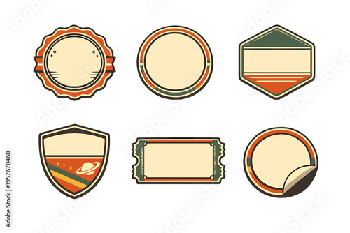 A collection of six vintage-style blank badges and labels in retro