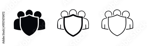 People group protected by a shield symbol, illustrating collective security, team defense, and organizational safety.