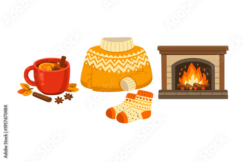 A cozy collection of winter elements featuring a red mug of hot
