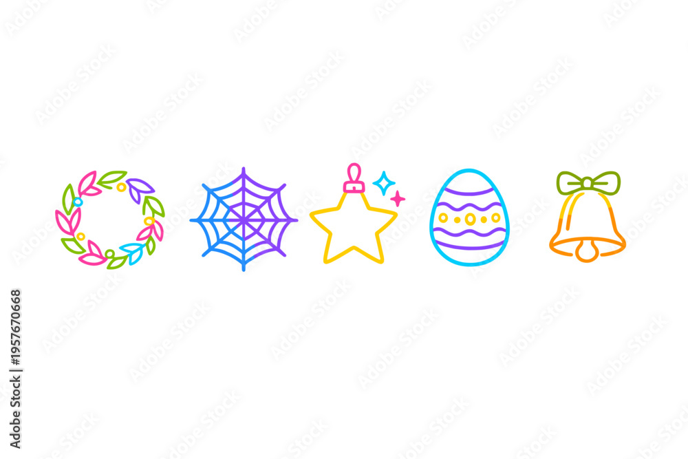 Fototapeta premium A collection of five minimalist holiday icons featuring a colorful